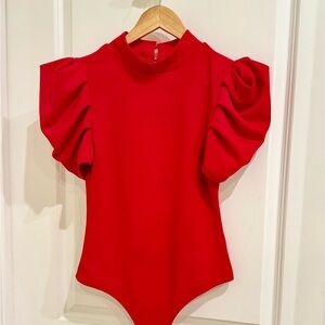 Chic Red Puff Sleeve Bodysuit